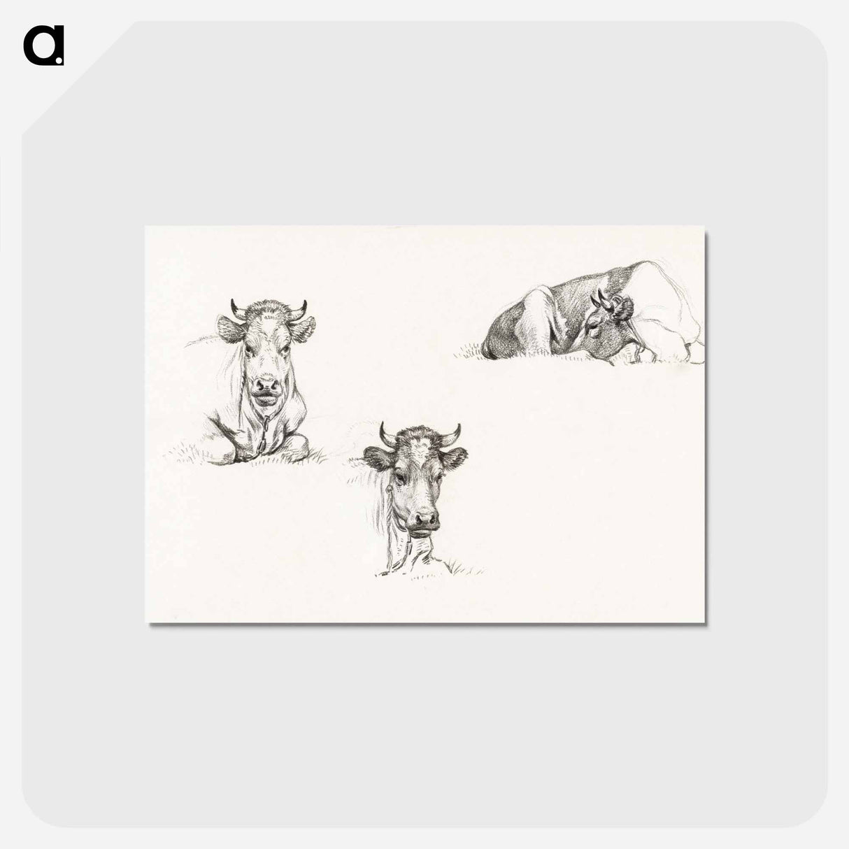 アートポストカード-Three sketches of a lying cow - ジャン ベルナール Postcard.