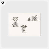 アートポストカード-Three sketches of a lying cow - ジャン ベルナール Postcard.