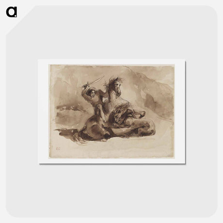 アートポストカード-Horse and Rider Attacked by a Lion - ウジェーヌ ドラクロワ Postcard.