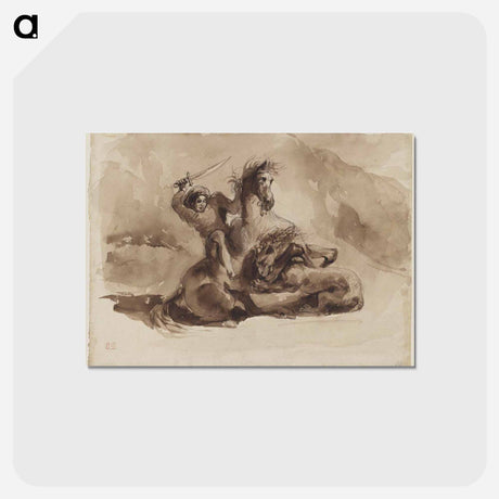 アートポストカード-Horse and Rider Attacked by a Lion - ウジェーヌ ドラクロワ Postcard.