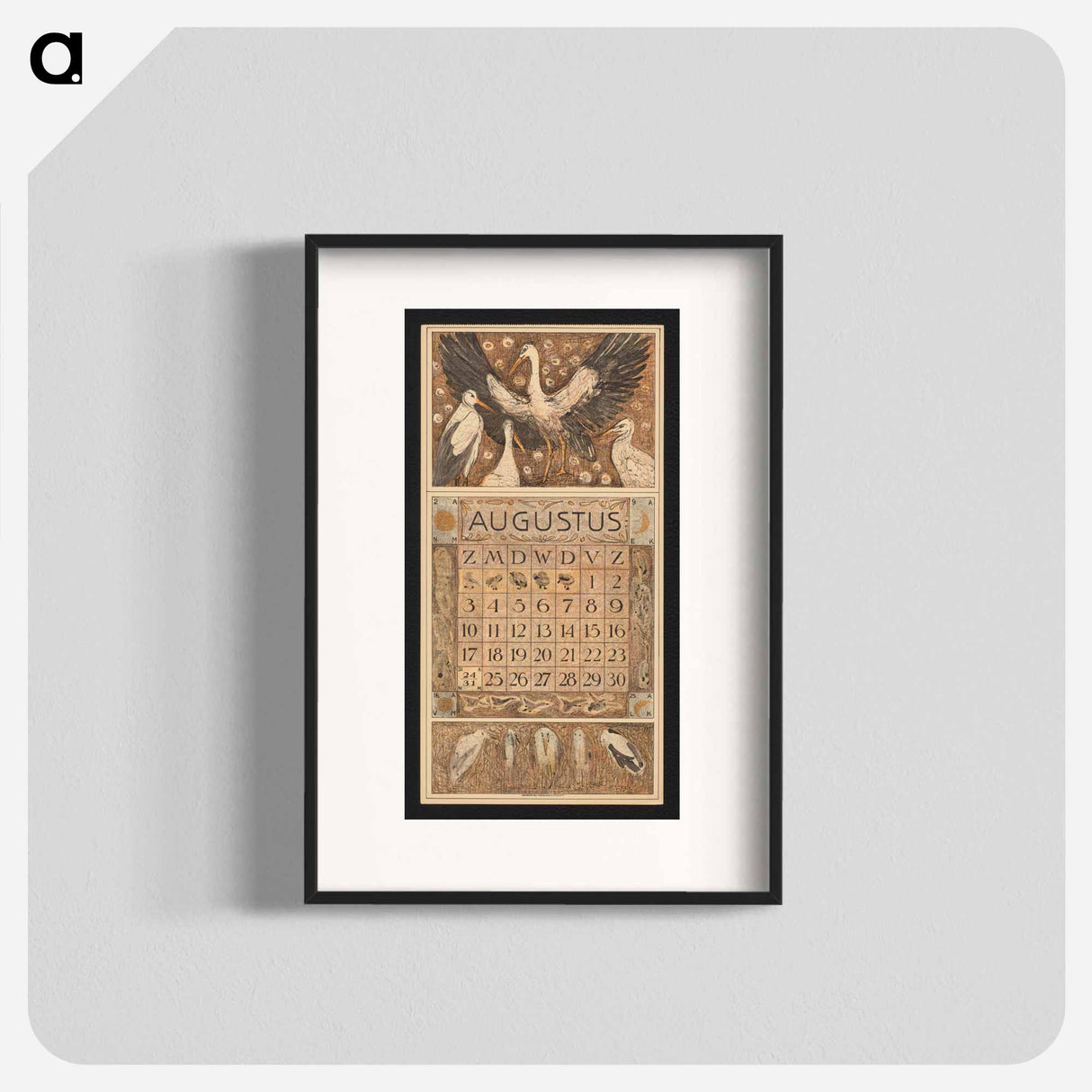 Kalenderblad voor augustus 1913 met ooievaars - テオ ヴァン ホイテマ Poster.