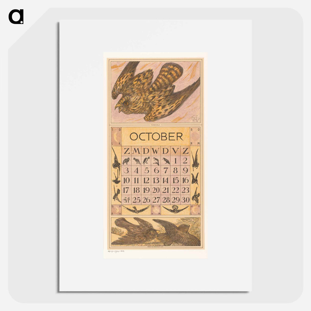 Kalenderblad oktober met torenvalk - テオ ヴァン ホイテマ Poster.