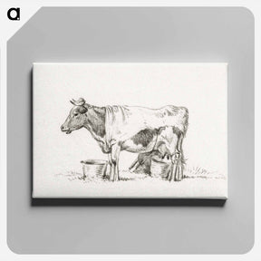 アートパネル-Standing cow, with milk bucket and milk stool - ジャン ベルナール Canvas.
