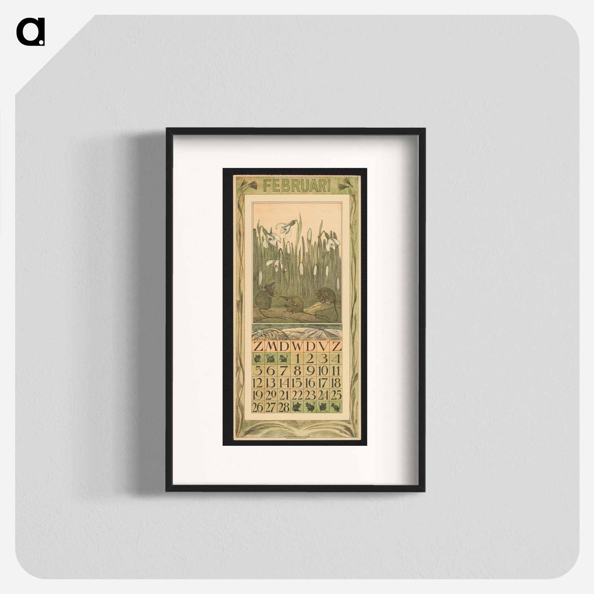 Kalenderblad voor februari met muizen en sneeuwklokjes by Theo van Hoytema - テオ ヴァン ホイテマ Poster.