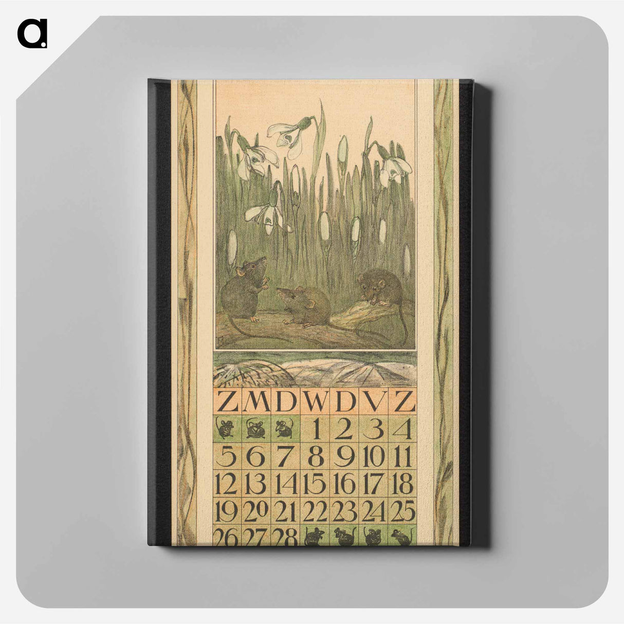 Kalenderblad voor februari met muizen en sneeuwklokjes by Theo van Hoytema - テオ ヴァン ホイテマ Canvas.
