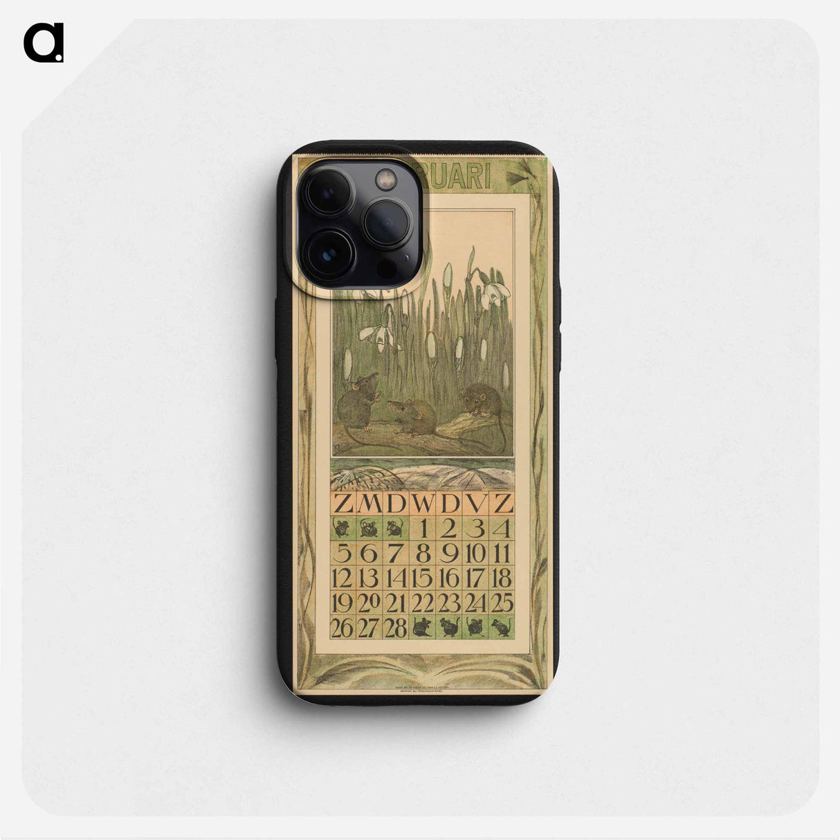 Kalenderblad voor februari met muizen en sneeuwklokjes by Theo van Hoytema - テオ ヴァン ホイテマ Phone Case.