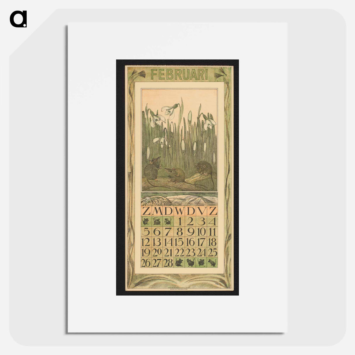 Kalenderblad voor februari met muizen en sneeuwklokjes by Theo van Hoytema - テオ ヴァン ホイテマ Poster.
