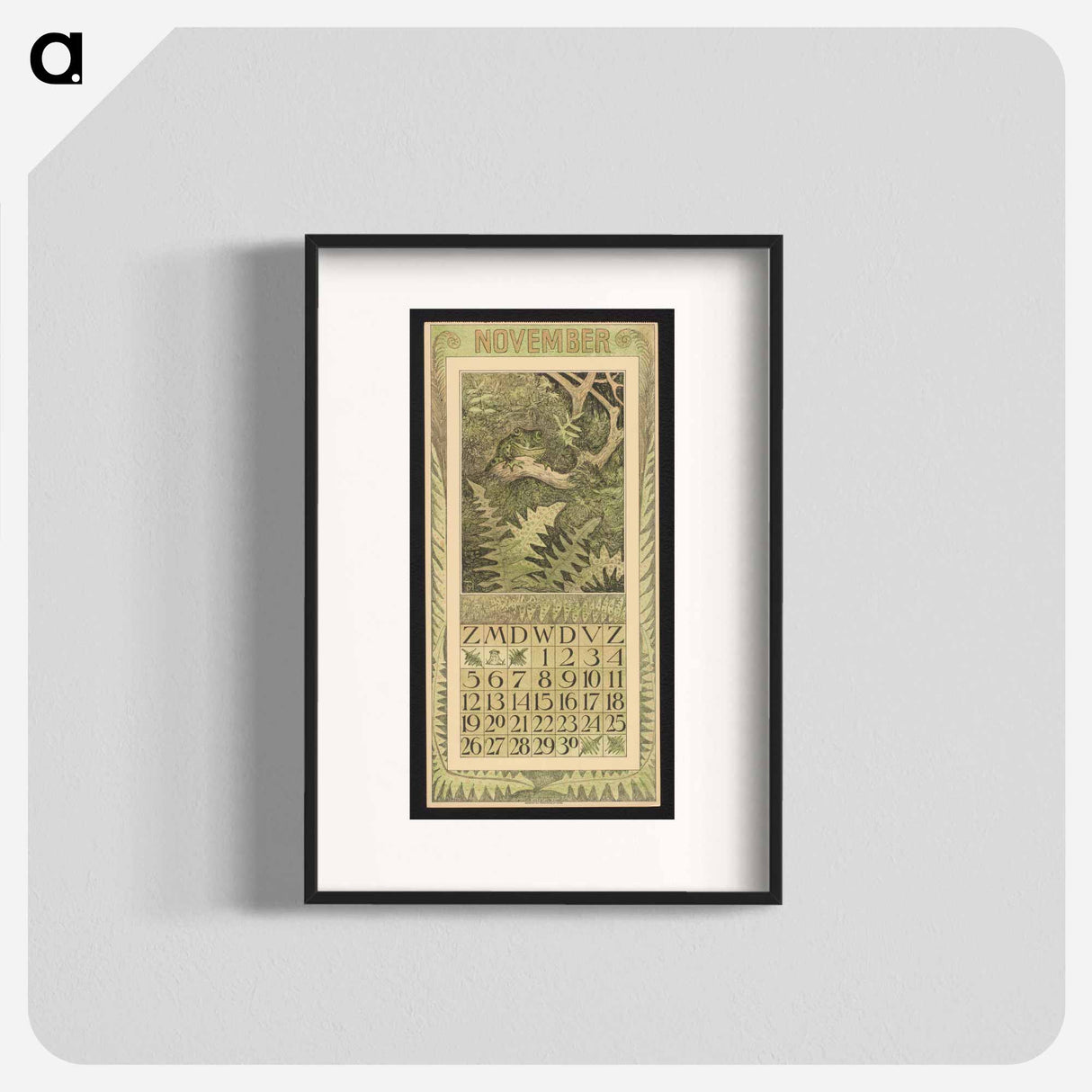 Kalenderblad voor november 1911 met een kikker in het bos by Theo van Hoytema - テオ ヴァン ホイテマ Poster.