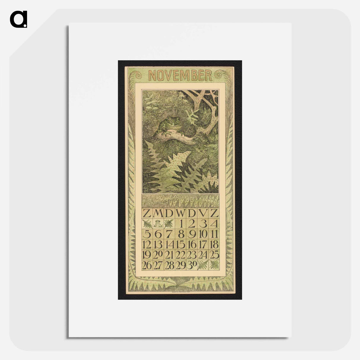 Kalenderblad voor november 1911 met een kikker in het bos by Theo van Hoytema - テオ ヴァン ホイテマ Poster.
