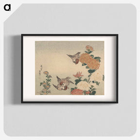 アートポスター-Sparrows and Chrysanthemums - 葛飾 北斎 Poster.