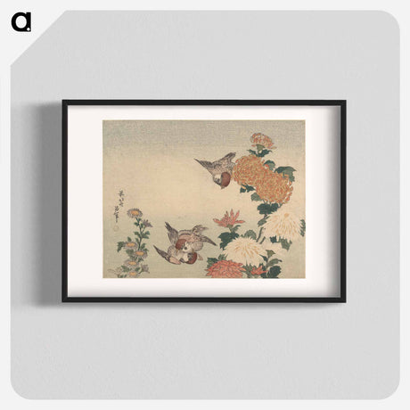 アートポスター-Sparrows and Chrysanthemums - 葛飾 北斎 Poster.