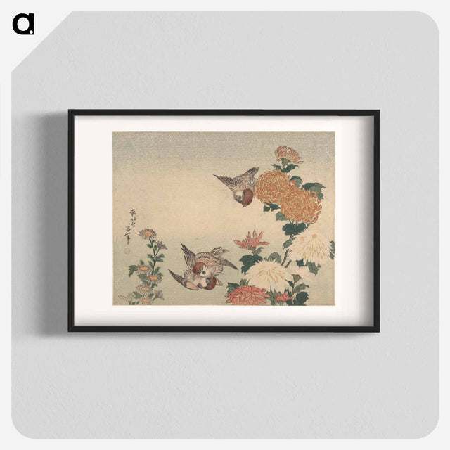 アートポスター-Sparrows and Chrysanthemums - 葛飾 北斎 Poster.
