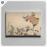 アートパネル-Sparrows and Chrysanthemums - 葛飾 北斎 Canvas.