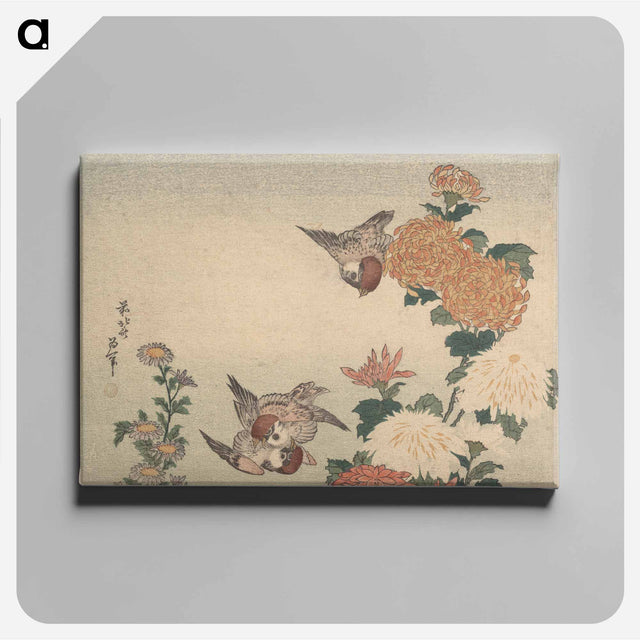 アートパネル-Sparrows and Chrysanthemums - 葛飾 北斎 Canvas.