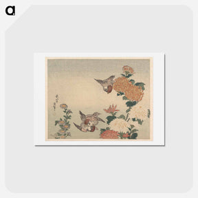 アートポストカード-Sparrows and Chrysanthemums - 葛飾 北斎 Postcard.
