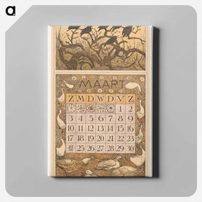 アートパネル-Kalenderblad maart met spreeuwen en eenden - テオ ヴァン ホイテマ Canvas.