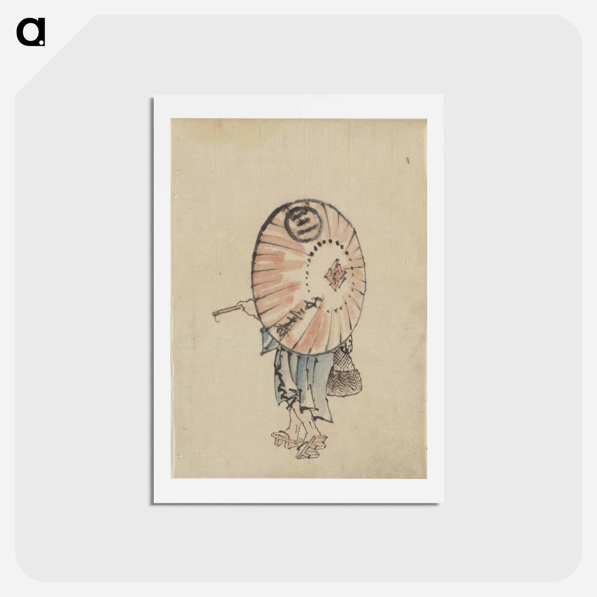 アートポストカード-A person walking to the left, mostly obscured by an open parasol carried over the shoulder, wearing kimono and geta, and carrying a bag in right hand by Katsushika Hokusai - 葛飾 北斎 Postcard.