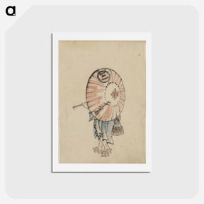 アートポストカード-A person walking to the left, mostly obscured by an open parasol carried over the shoulder, wearing kimono and geta, and carrying a bag in right hand by Katsushika Hokusai - 葛飾 北斎 Postcard.