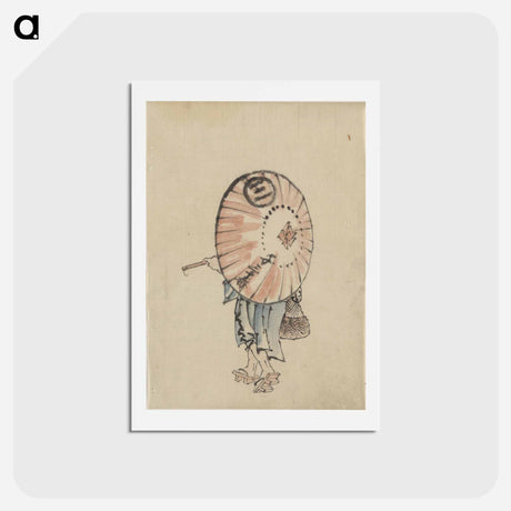 アートポストカード-A person walking to the left, mostly obscured by an open parasol carried over the shoulder, wearing kimono and geta, and carrying a bag in right hand by Katsushika Hokusai - 葛飾 北斎 Postcard.