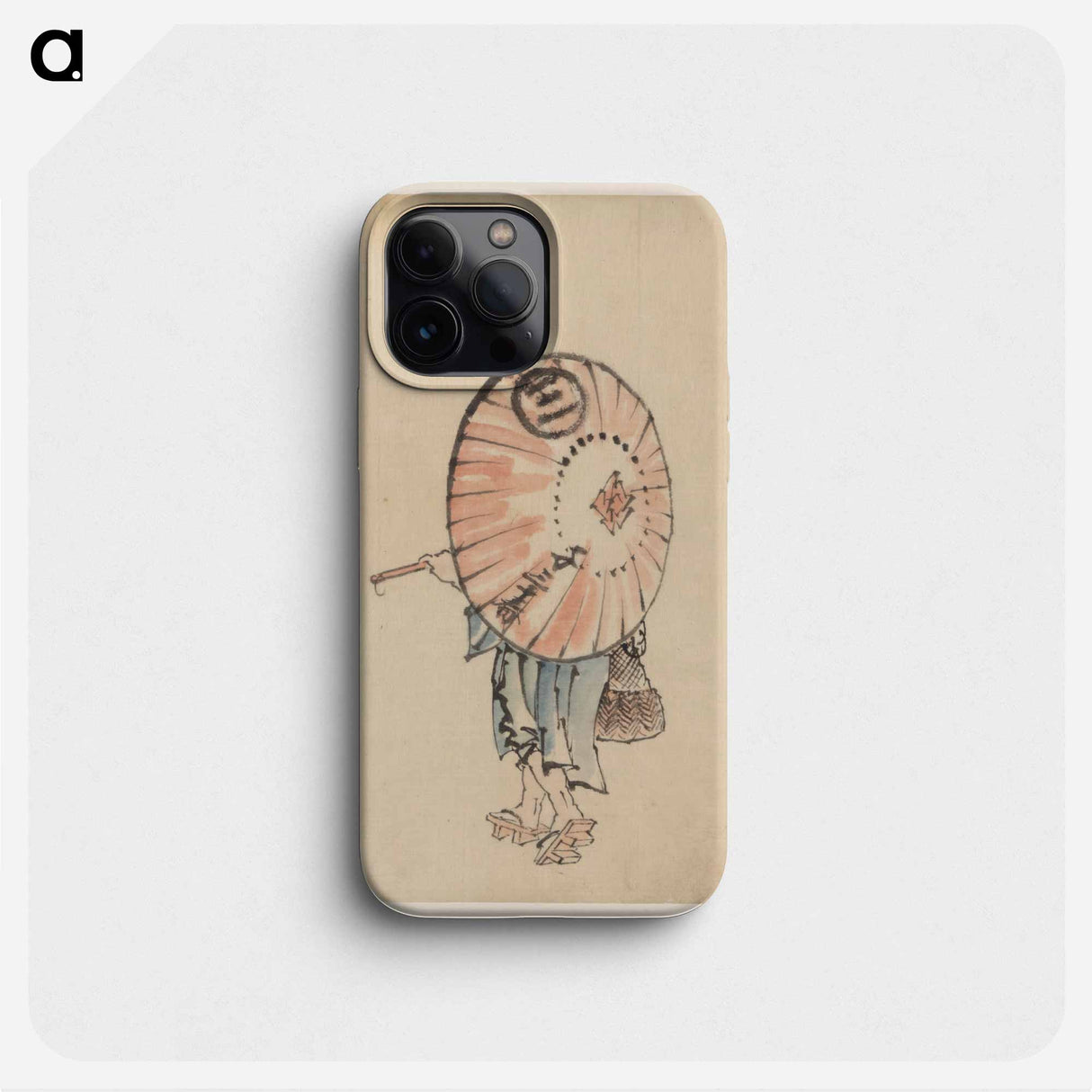 A person walking to the left, mostly obscured by an open parasol carried over the shoulder, wearing kimono and geta, and carrying a bag in right hand by Katsushika Hokusai - Katsushika Hokusai Phone Case.