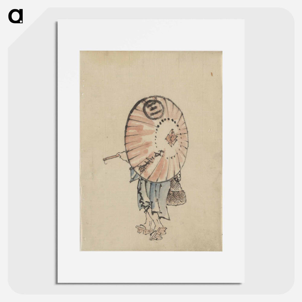 アートポスター-A person walking to the left, mostly obscured by an open parasol carried over the shoulder, wearing kimono and geta, and carrying a bag in right hand by Katsushika Hokusai - 葛飾 北斎 Poster.