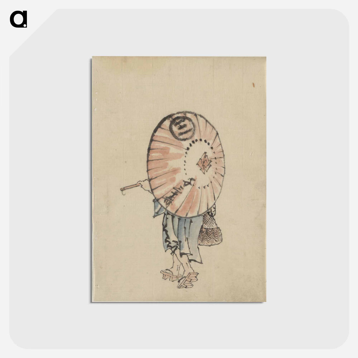アートポストカード-A person walking to the left, mostly obscured by an open parasol carried over the shoulder, wearing kimono and geta, and carrying a bag in right hand by Katsushika Hokusai - 葛飾 北斎 Postcard.