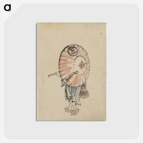 アートポストカード-A person walking to the left, mostly obscured by an open parasol carried over the shoulder, wearing kimono and geta, and carrying a bag in right hand by Katsushika Hokusai - 葛飾 北斎 Postcard.