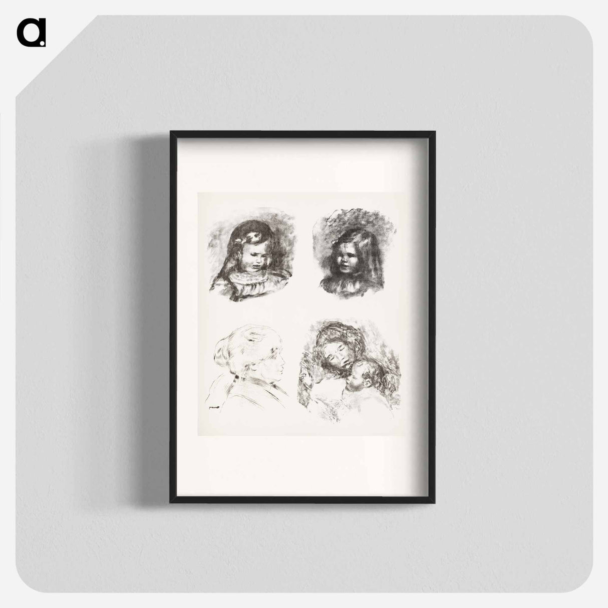 Lithograph of Claude Renoir, Head Lowered, Claude Renoir, Turned to the Left, Berthe Morisot, and Maternity, large plate - ピエール オーギュスト ルノワール Poster.