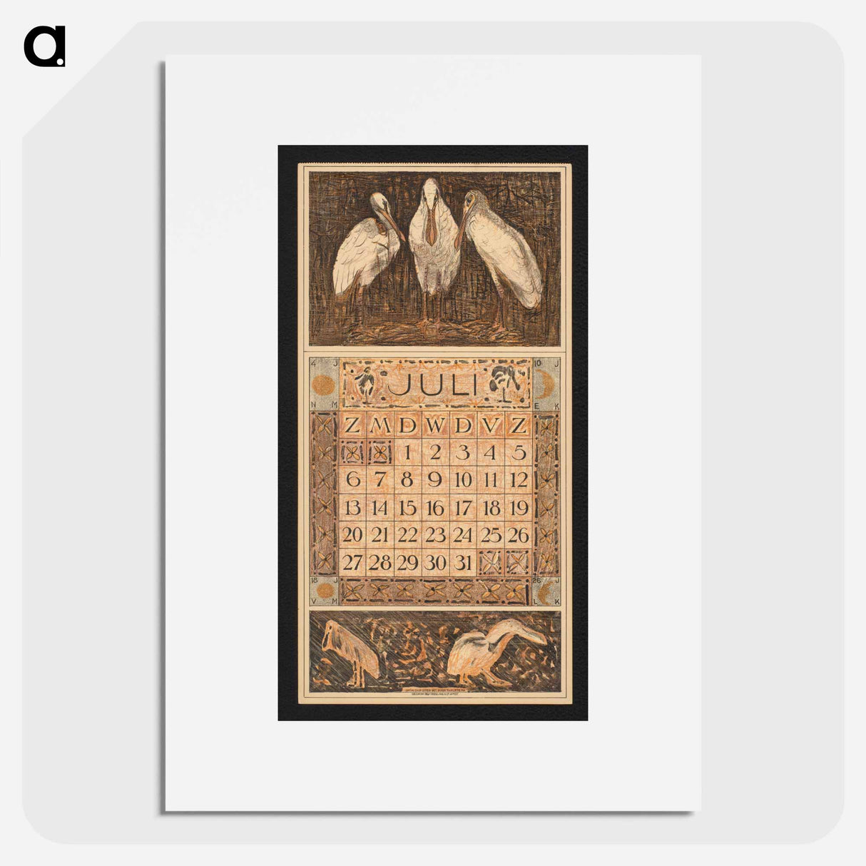 Kalenderblad voor juli 1913 met drie lepelaars - テオ ヴァン ホイテマ Poster.