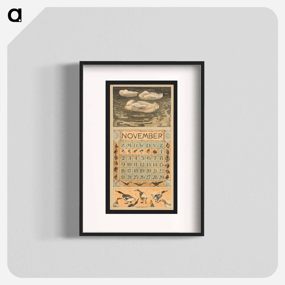 Kalenderblad voor november 1913 met drie op het water slapende eenden - テオ ヴァン ホイテマ Poster.