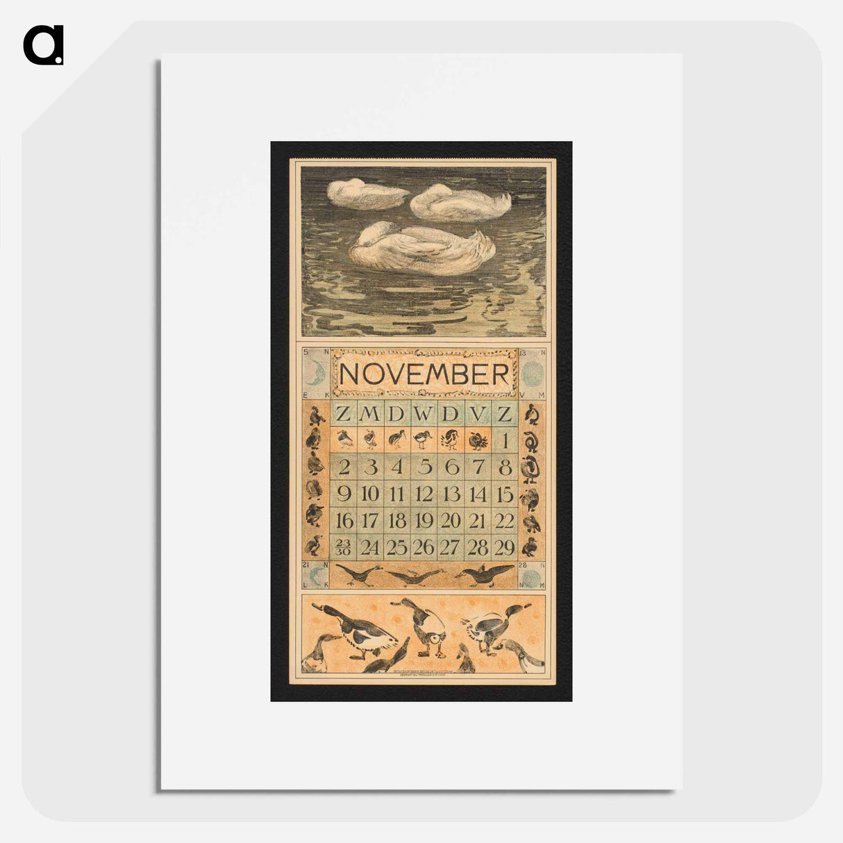 Kalenderblad voor november 1913 met drie op het water slapende eenden - テオ ヴァン ホイテマ Poster.