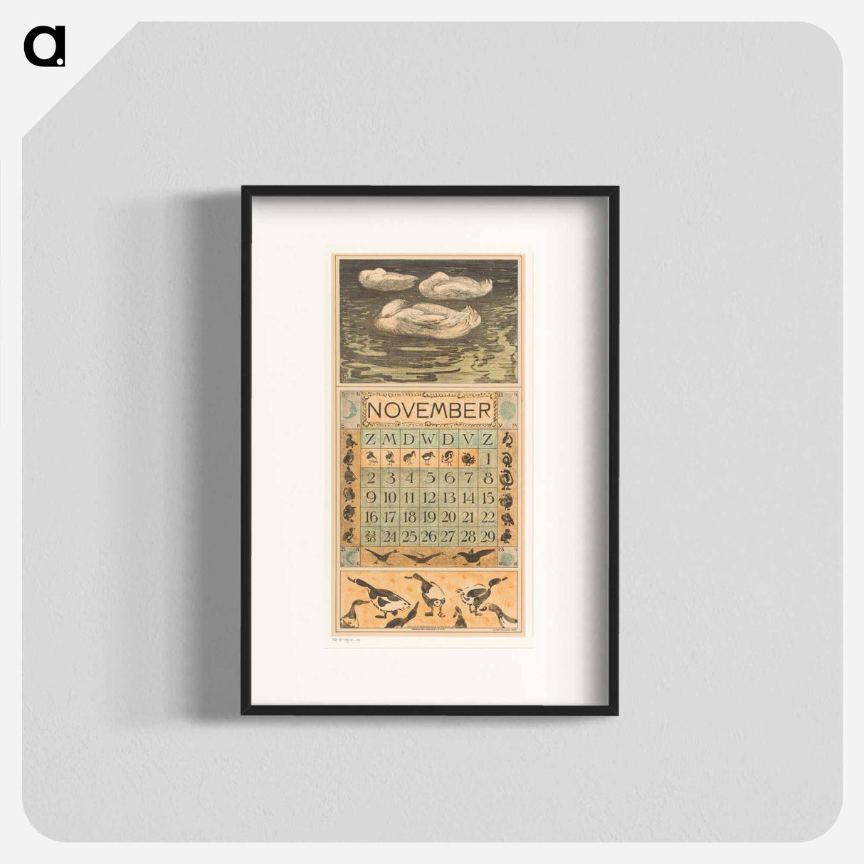 Kalenderblad november met drie slapende eenden - テオ ヴァン ホイテマ Poster.