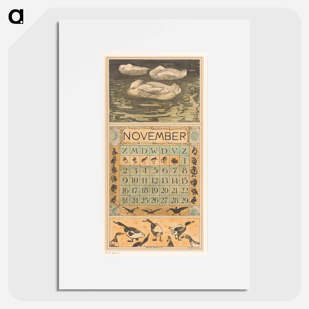 Kalenderblad november met drie slapende eenden - テオ ヴァン ホイテマ Poster.