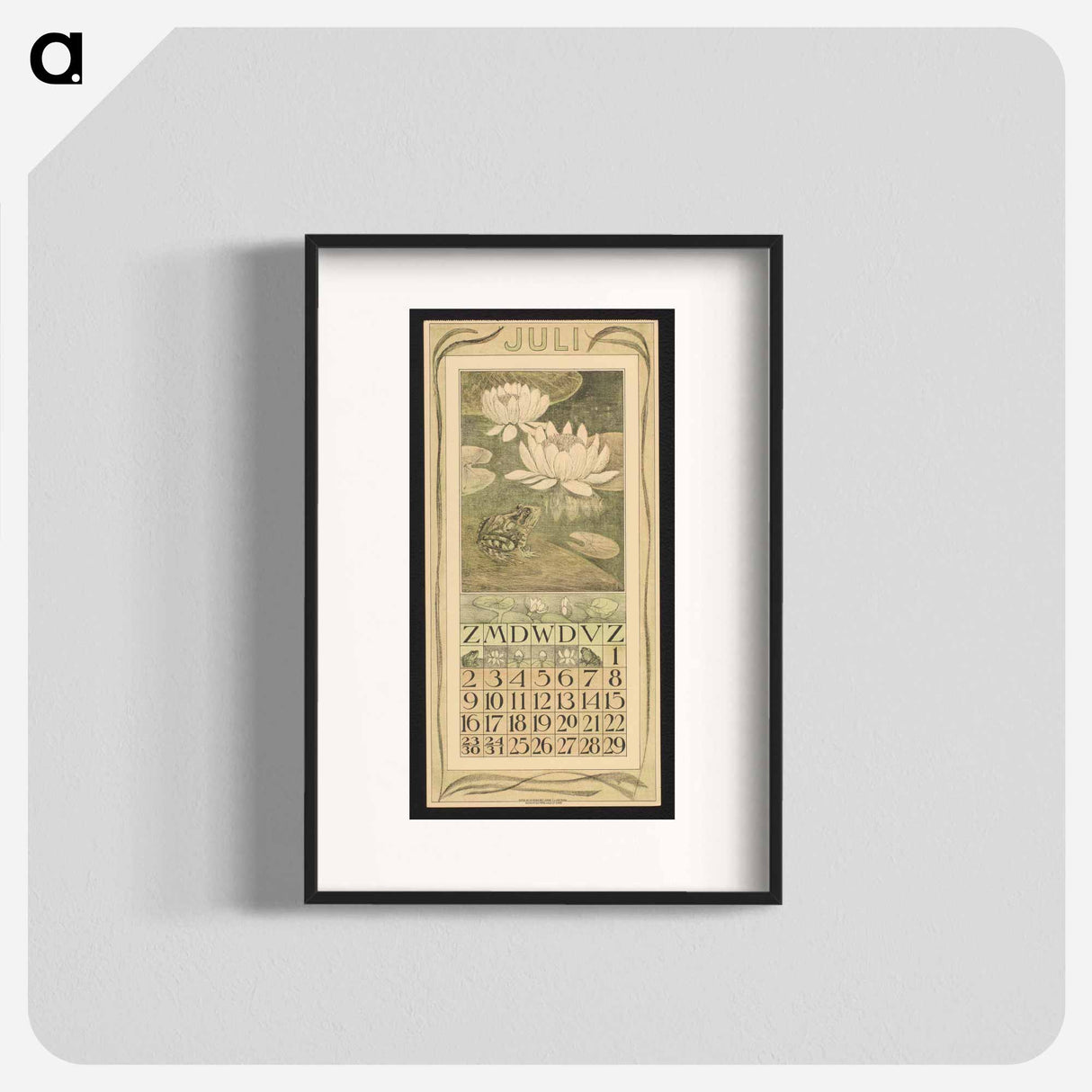 Kalenderblad voor juli met een kikker en waterlelies by Theo van Hoytema - テオ ヴァン ホイテマ Poster.
