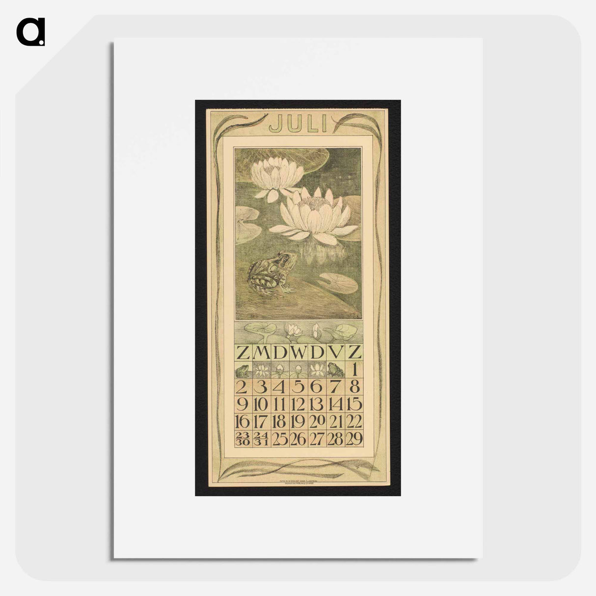 Kalenderblad voor juli met een kikker en waterlelies by Theo van Hoytema - テオ ヴァン ホイテマ Poster.