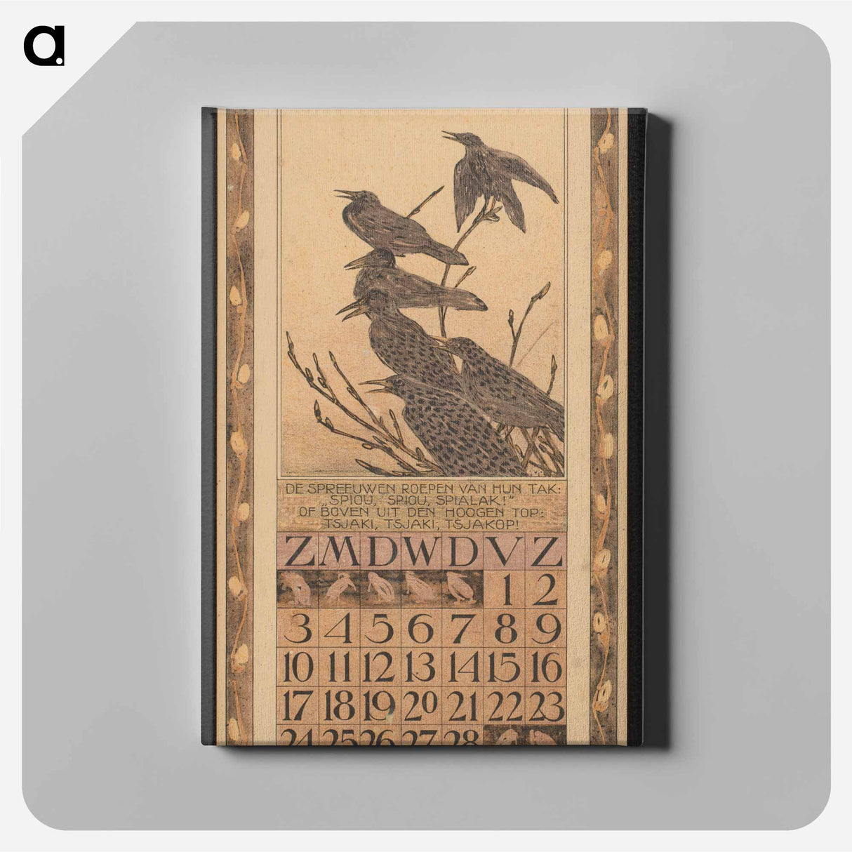 Kalenderblad voor februari 1907 met spreeuwen - テオ ヴァン ホイテマ Canvas.