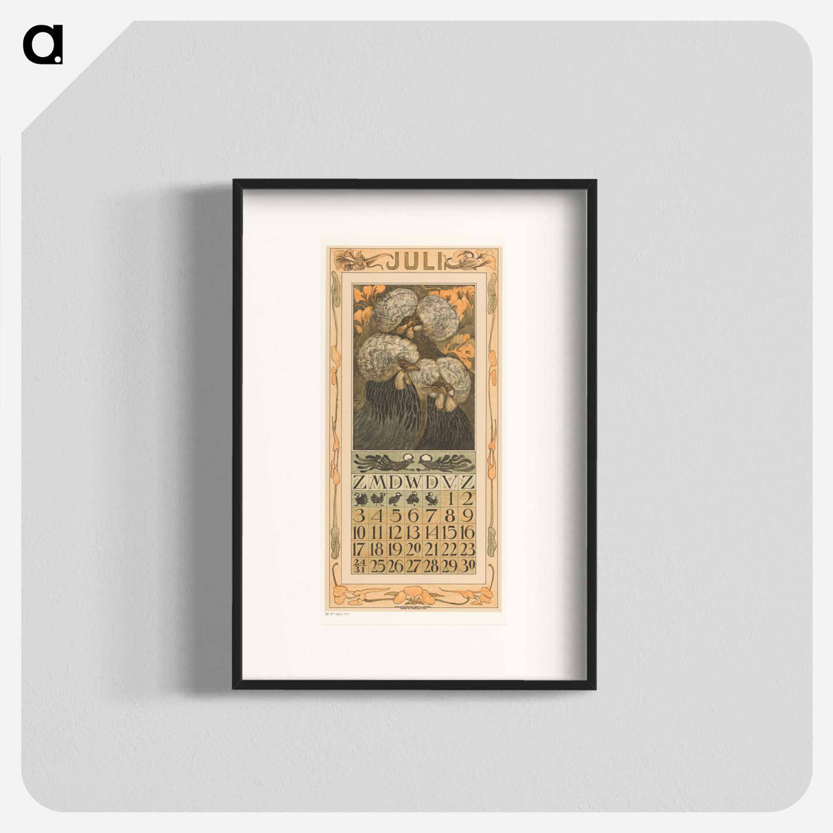 Kalenderblad juli met drie kuifkippen - テオ ヴァン ホイテマ Poster.