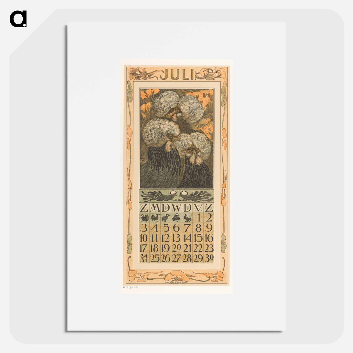 Kalenderblad juli met drie kuifkippen - テオ ヴァン ホイテマ Poster.