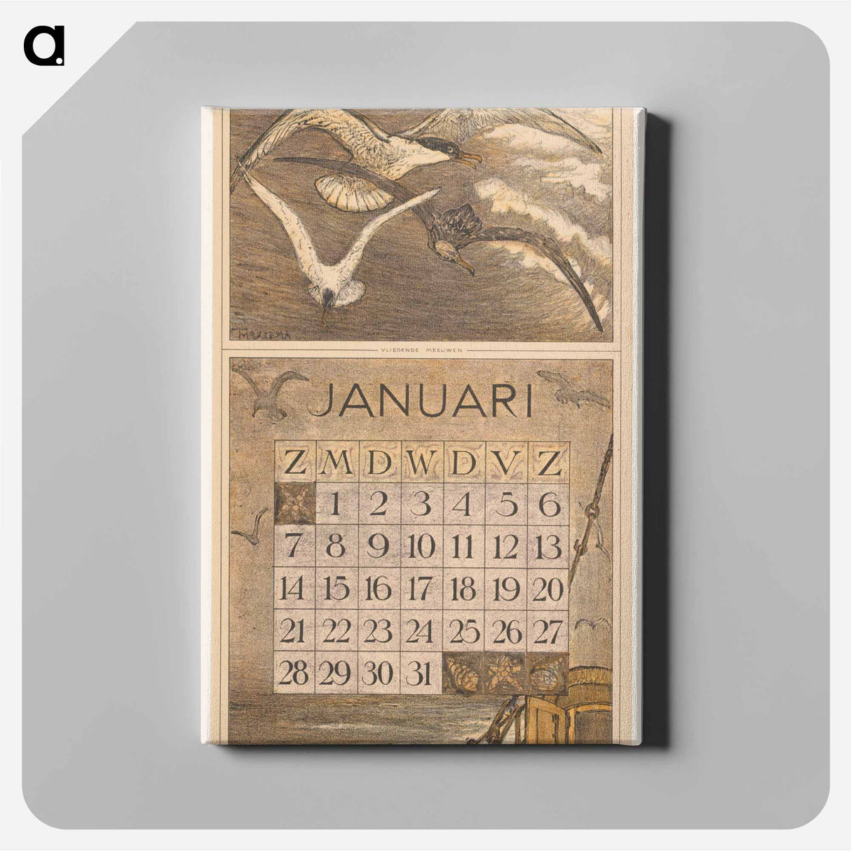 Kalenderblad januari met schip en meeuwen - テオ ヴァン ホイテマ Canvas.