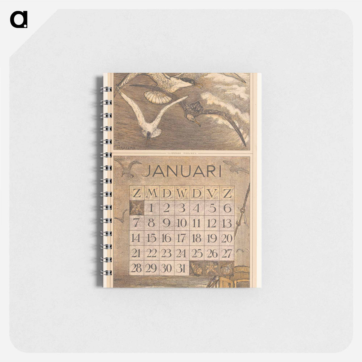 Kalenderblad januari met schip en meeuwen - テオ ヴァン ホイテマ Memo.