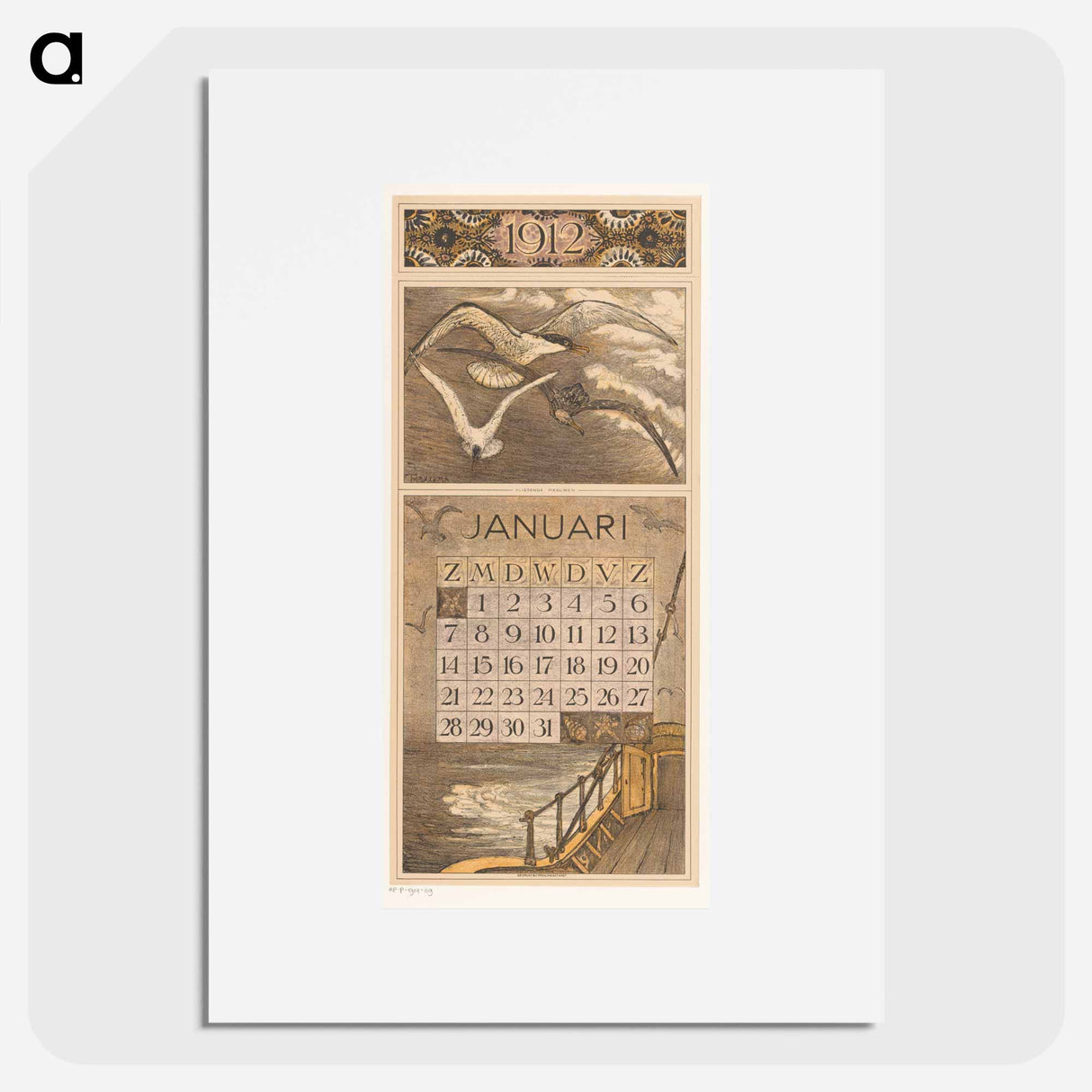Kalenderblad januari met schip en meeuwen - テオ ヴァン ホイテマ Poster.