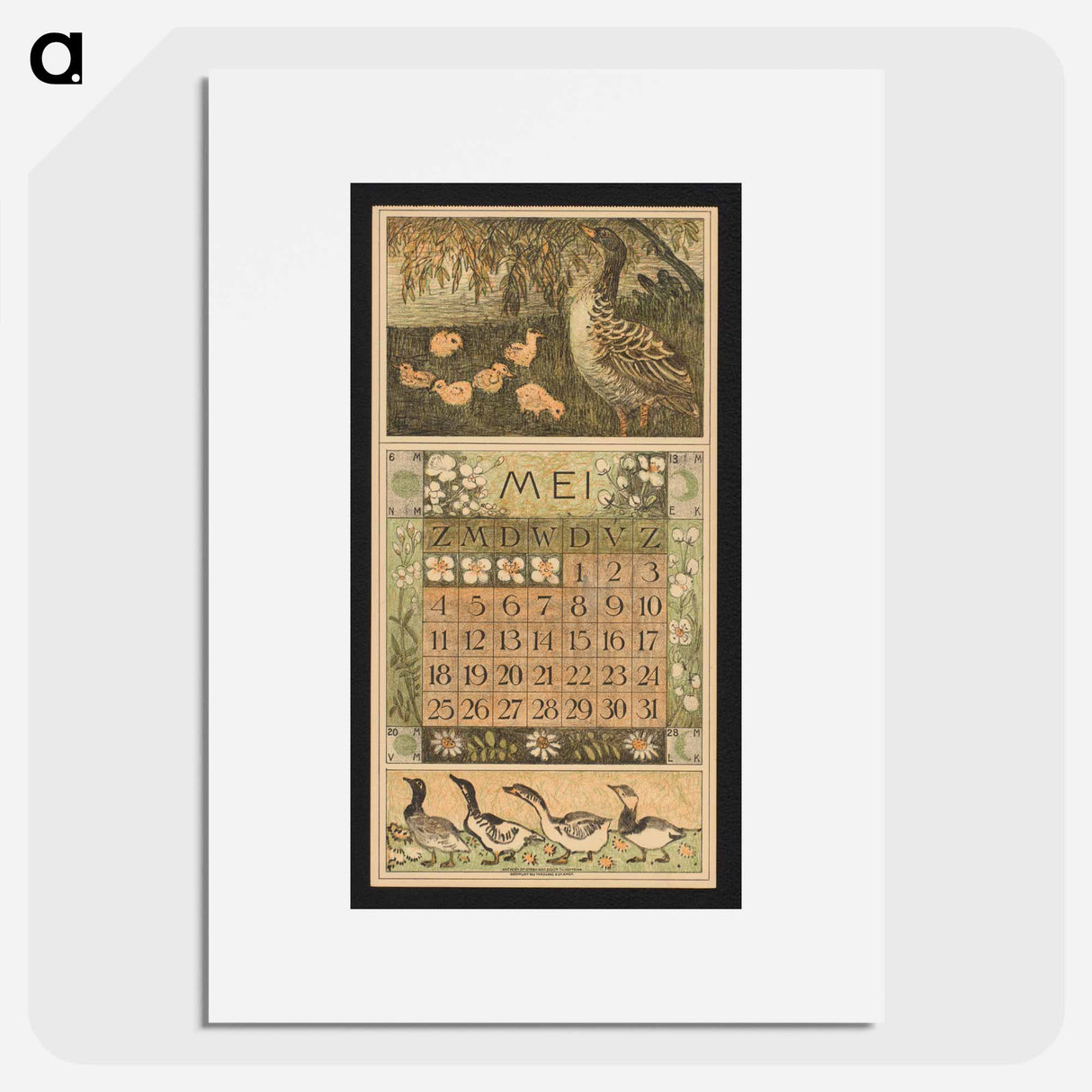 Kalenderblad voor mei 1913 met een eend met kuikens by Theo van Hoytema - テオ ヴァン ホイテマ Poster.