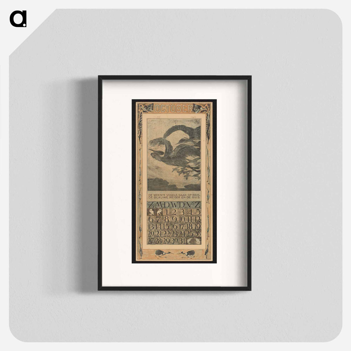 Kalenderblad voor oktober 1907 met reigers op trek - テオ ヴァン ホイテマ Poster.