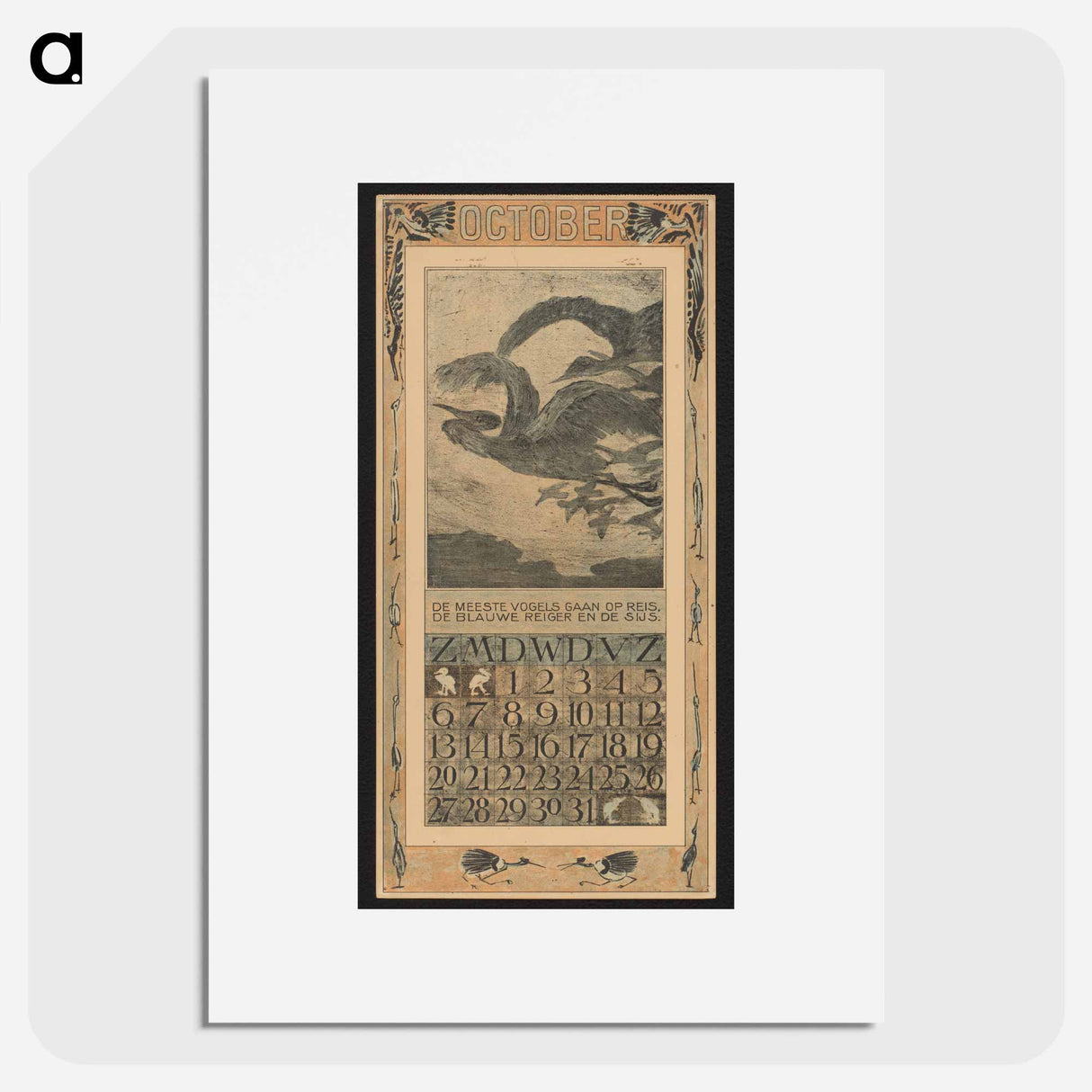 Kalenderblad voor oktober 1907 met reigers op trek - テオ ヴァン ホイテマ Poster.