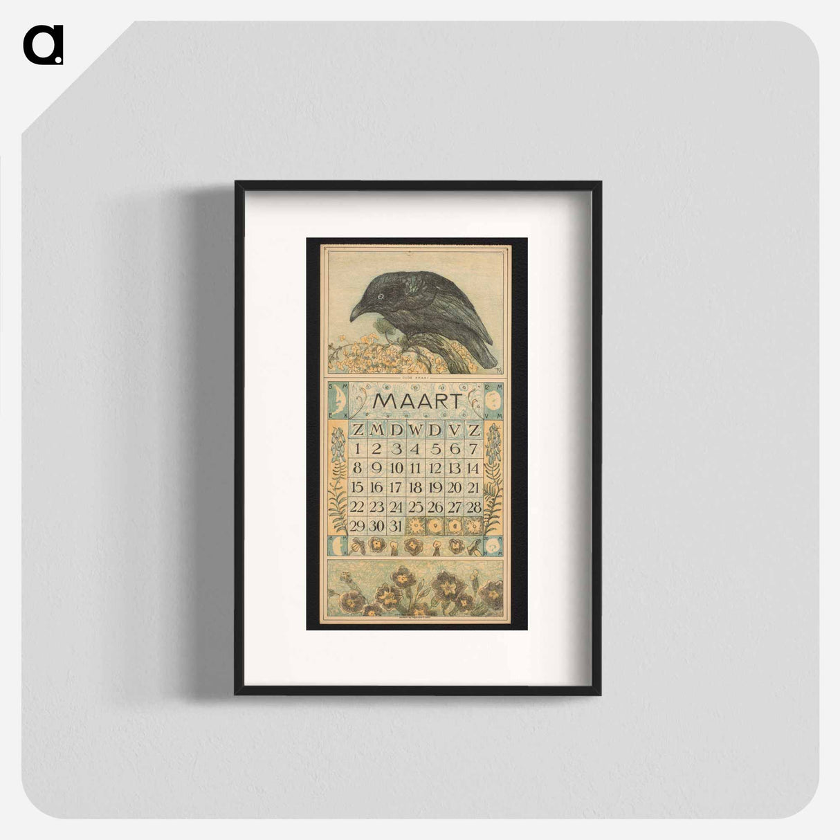 Kalenderblad voor maart 1914 met een kraai - テオ ヴァン ホイテマ Poster.