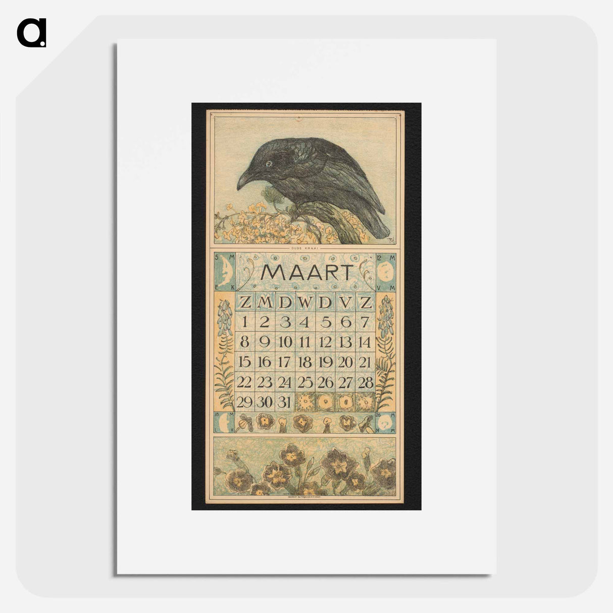 Kalenderblad voor maart 1914 met een kraai - テオ ヴァン ホイテマ Poster.