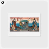 アートポストカード-Iwai Hanshirō VIII as Geisha Ohisa, Kataoka Gadō II as Matsushiyama Jinzaburō, and Onoe Kikujirō II as Izumiya’s wife Oume in the Play Matsuichō tsurukame Soga
 - 歌川 国貞 Postcard.