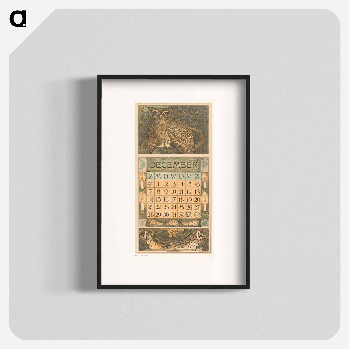Kalenderblad december met een oehoe - テオ ヴァン ホイテマ Poster.