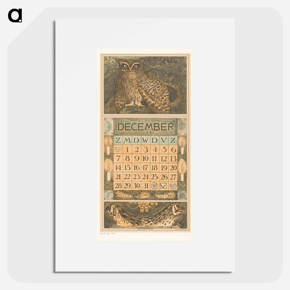 Kalenderblad december met een oehoe - テオ ヴァン ホイテマ Poster.