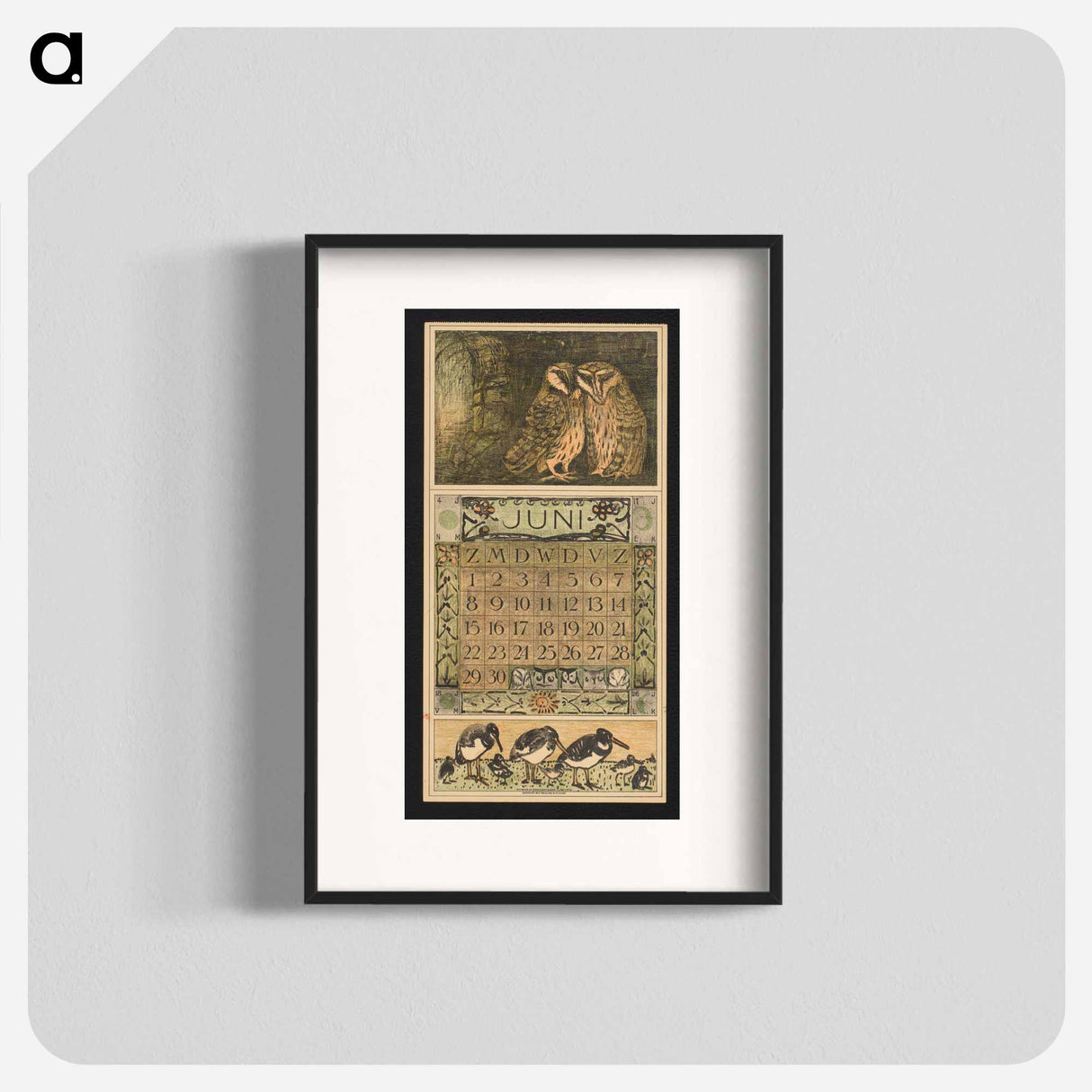 Kalenderblad voor juni 1913 met twee kerkuilen by Theo van Hoytema - テオ ヴァン ホイテマ Poster.